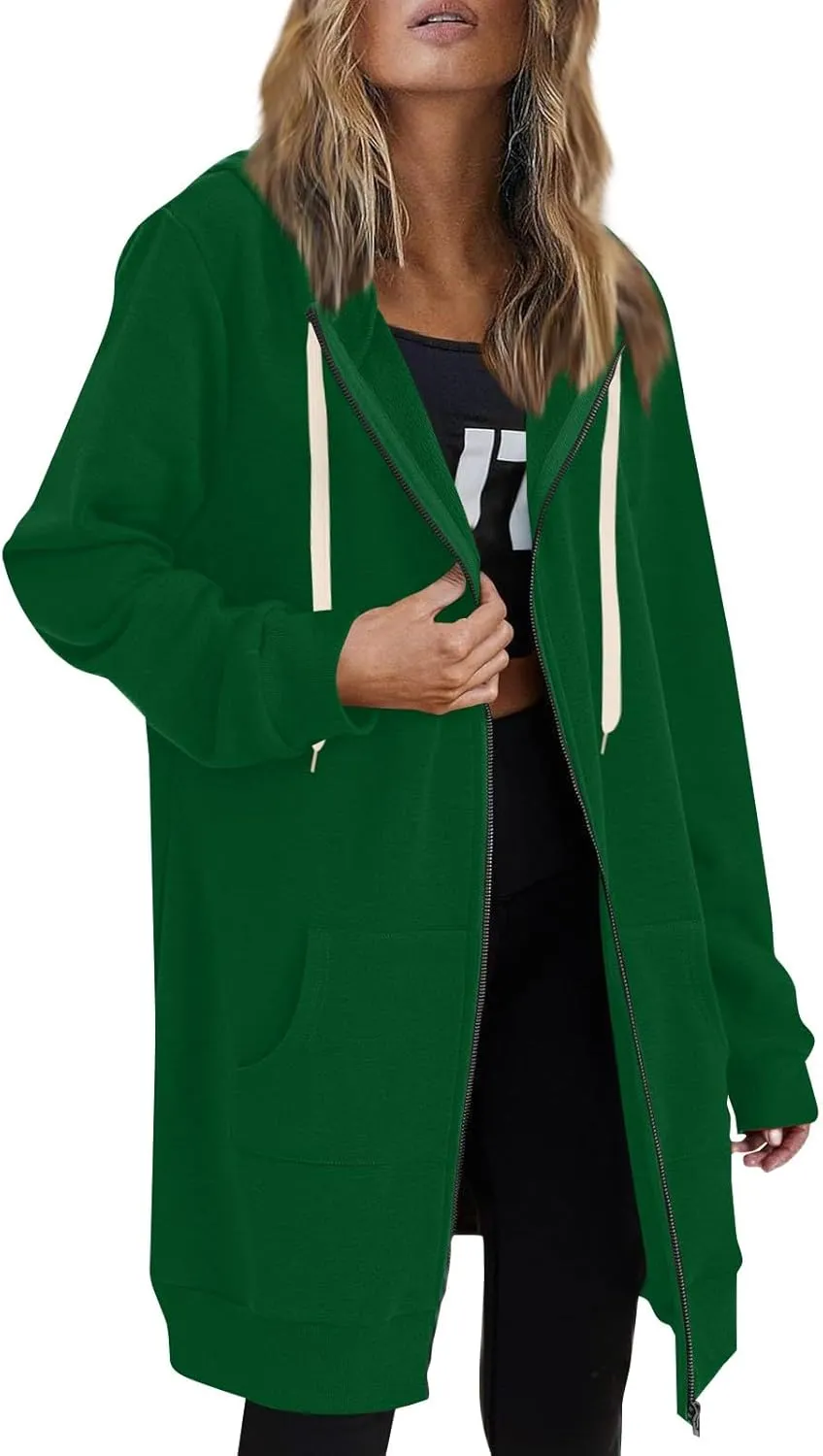 Women's Zip Up Long Hoodies Jacket Long Sleeve Drawstring Hooded Sweatshirt Coat 2024 Fall Winter Pocket Outerwear