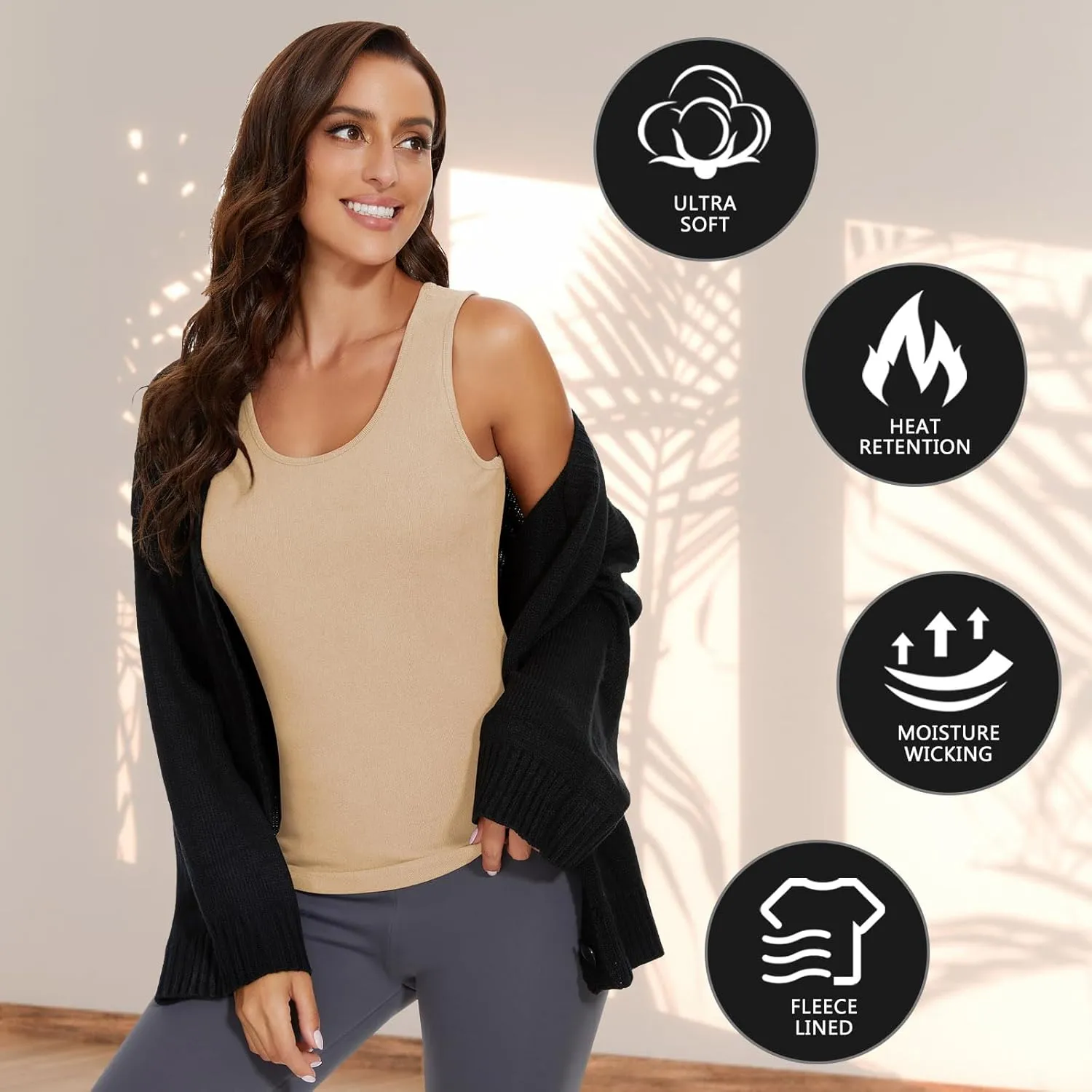 WOWENY Thermal Tank Top for Women Fleece Lined Thermal Shirts Sleeveless Tops Camisole Warm Base Layer Vest Cold Weather