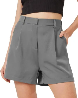 XinYangNi Casual Elastic High Waisted Tailored Work Business Pleated Wide Leg Dressy Shorts with 2 Pockets for Women