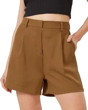 XinYangNi Casual Elastic High Waisted Tailored Work Business Pleated Wide Leg Dressy Shorts with 2 Pockets for Women