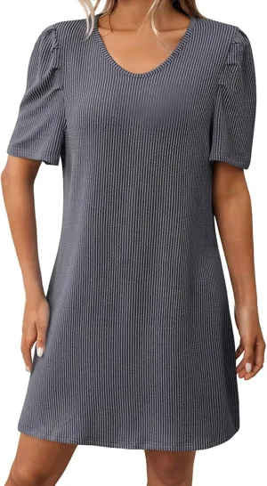 XOWRTE Womens Summer V Neck Contrasting Striped Bubble Sleeve Tunic Mini Dress 2025 Casual Solid Color Beach Babydoll Dress