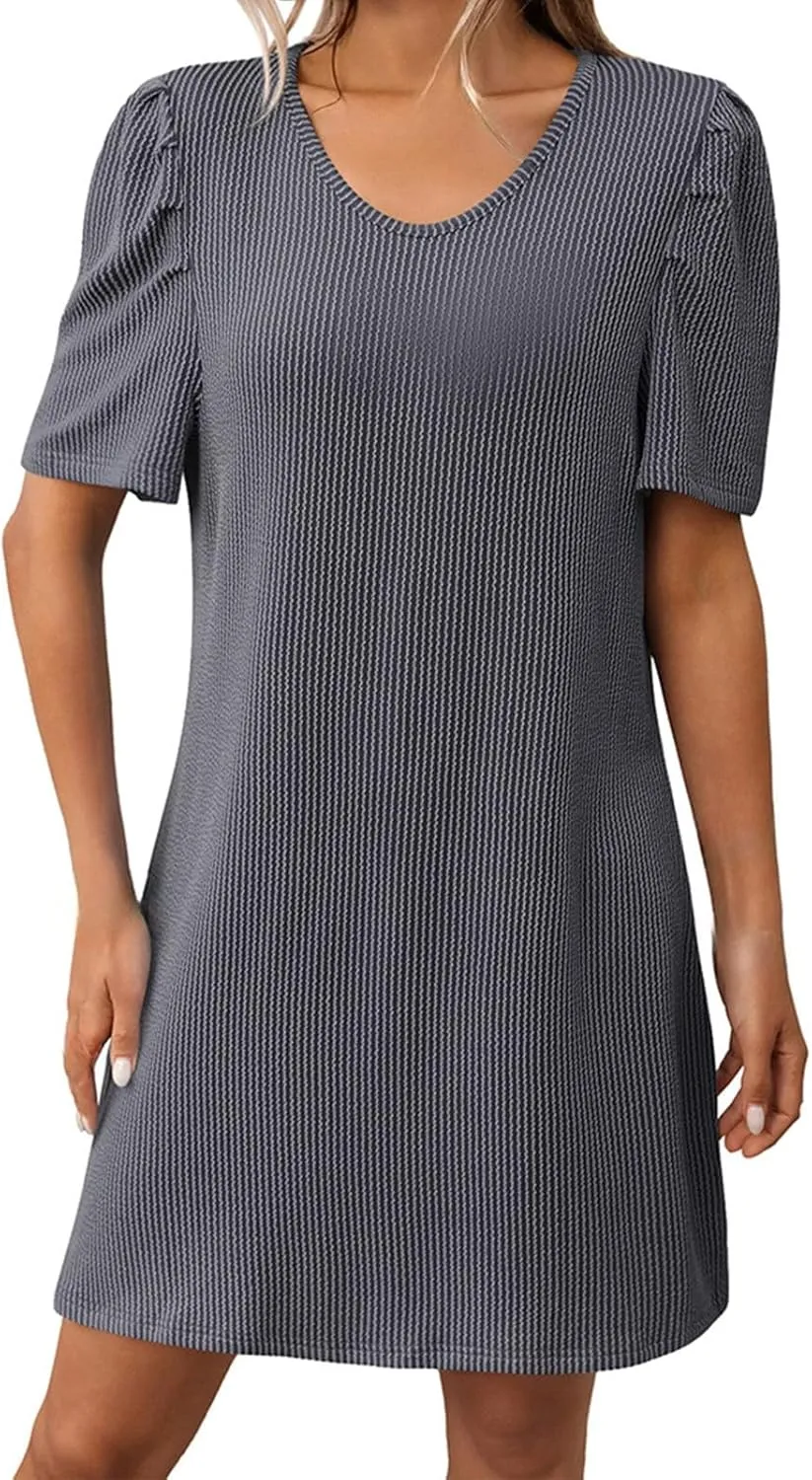 XOWRTE Womens Summer V Neck Contrasting Striped Bubble Sleeve Tunic Mini Dress 2025 Casual Solid Color Beach Babydoll Dress