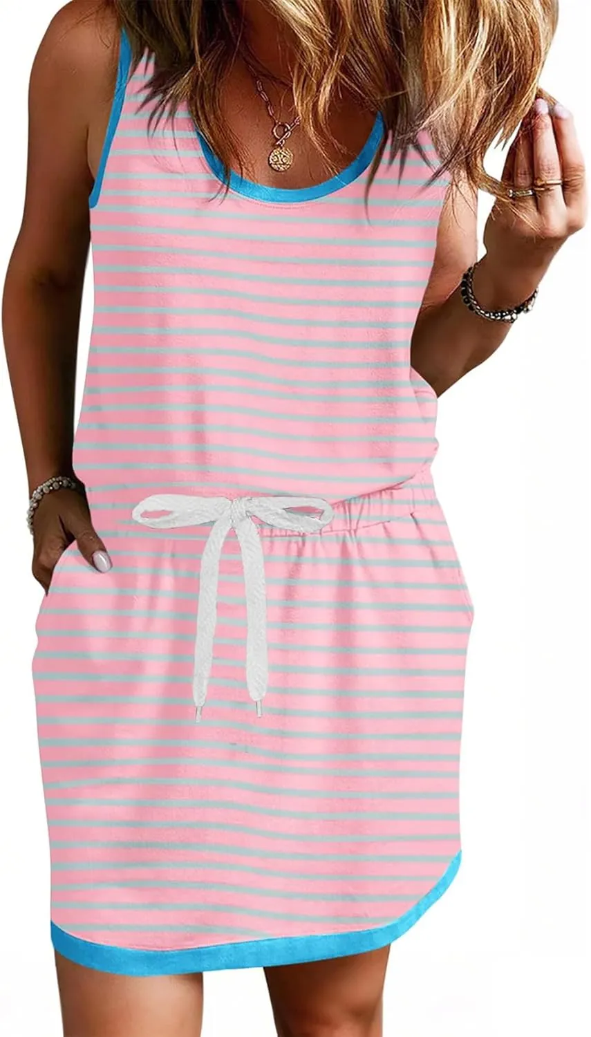 Yousify Cotton Summer Dresses for Women Striped Dress Drawstring Waist Casual Tank Mini Dresses with Pockets
