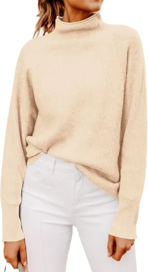 Yousify Womens Ribbed Mock Neck Batwing Sleeve Sweater Loose Knitted Pullover Sweaters Jumper Tops