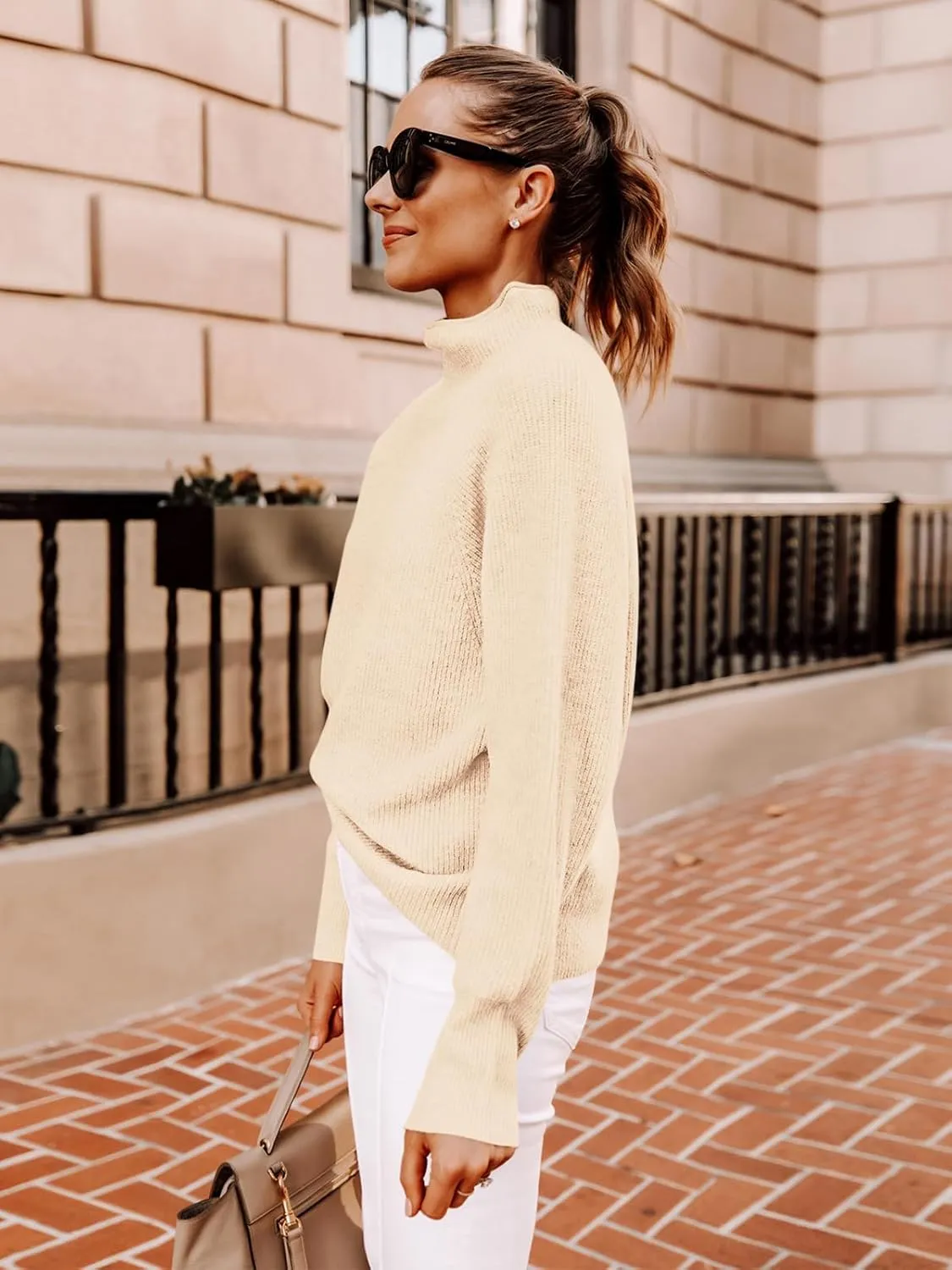 Yousify Womens Ribbed Mock Neck Batwing Sleeve Sweater Loose Knitted Pullover Sweaters Jumper Tops