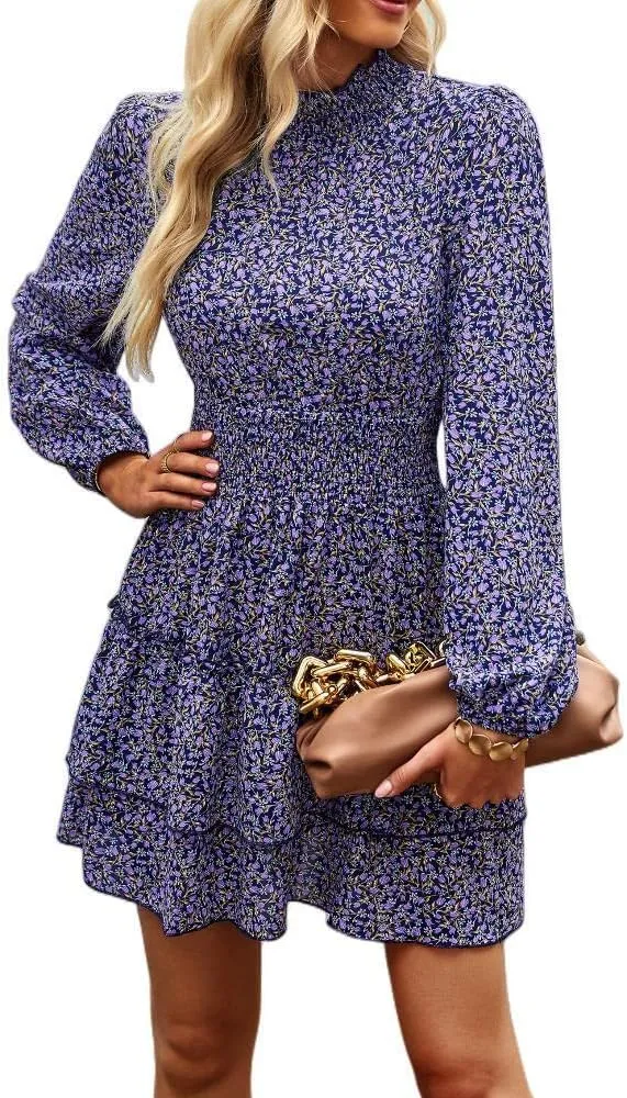YOXUA Women's Casual Dress, Long Sleeve Mock Neck Floral Printed Ruffle Hem A-Line High Waist Short Mini Dresses