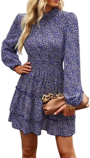 YOXUA Women's Casual Dress, Long Sleeve Mock Neck Floral Printed Ruffle Hem A-Line High Waist Short Mini Dresses