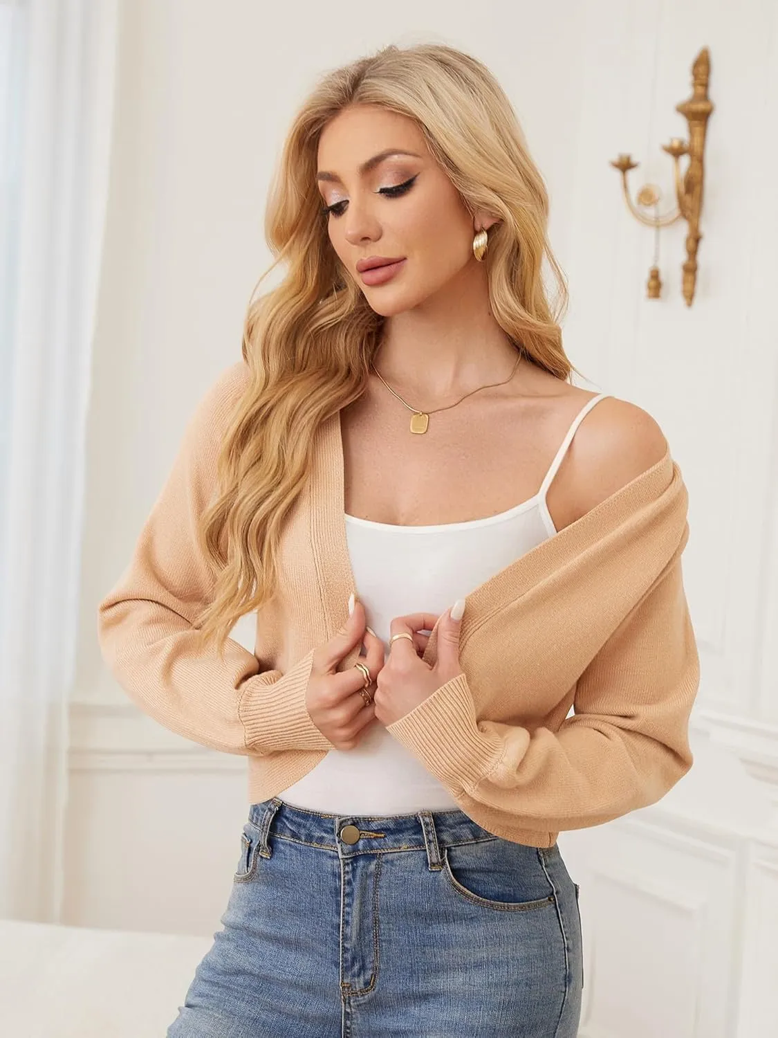 ZAFUL Women's Cropped Cardigan Sweaters Long Sleeve Open Front Short Bolero Shrugs Casual Knit Ribbed Sweater