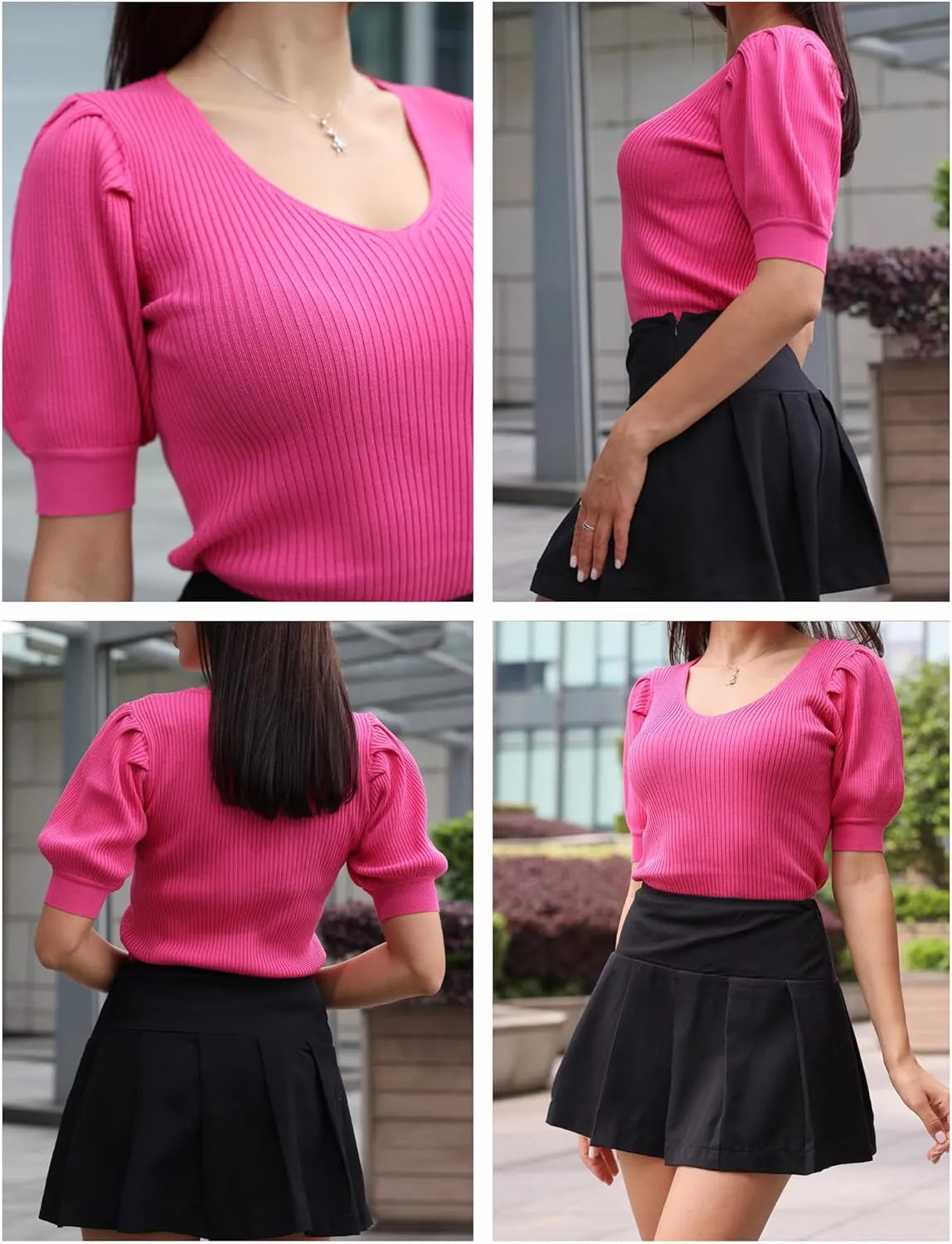 Zeagoo Fall Sweaters for Women 2024 V Neck Short Sleeve Shirt Ribbed Knit Fit Pullover Sweater Tops