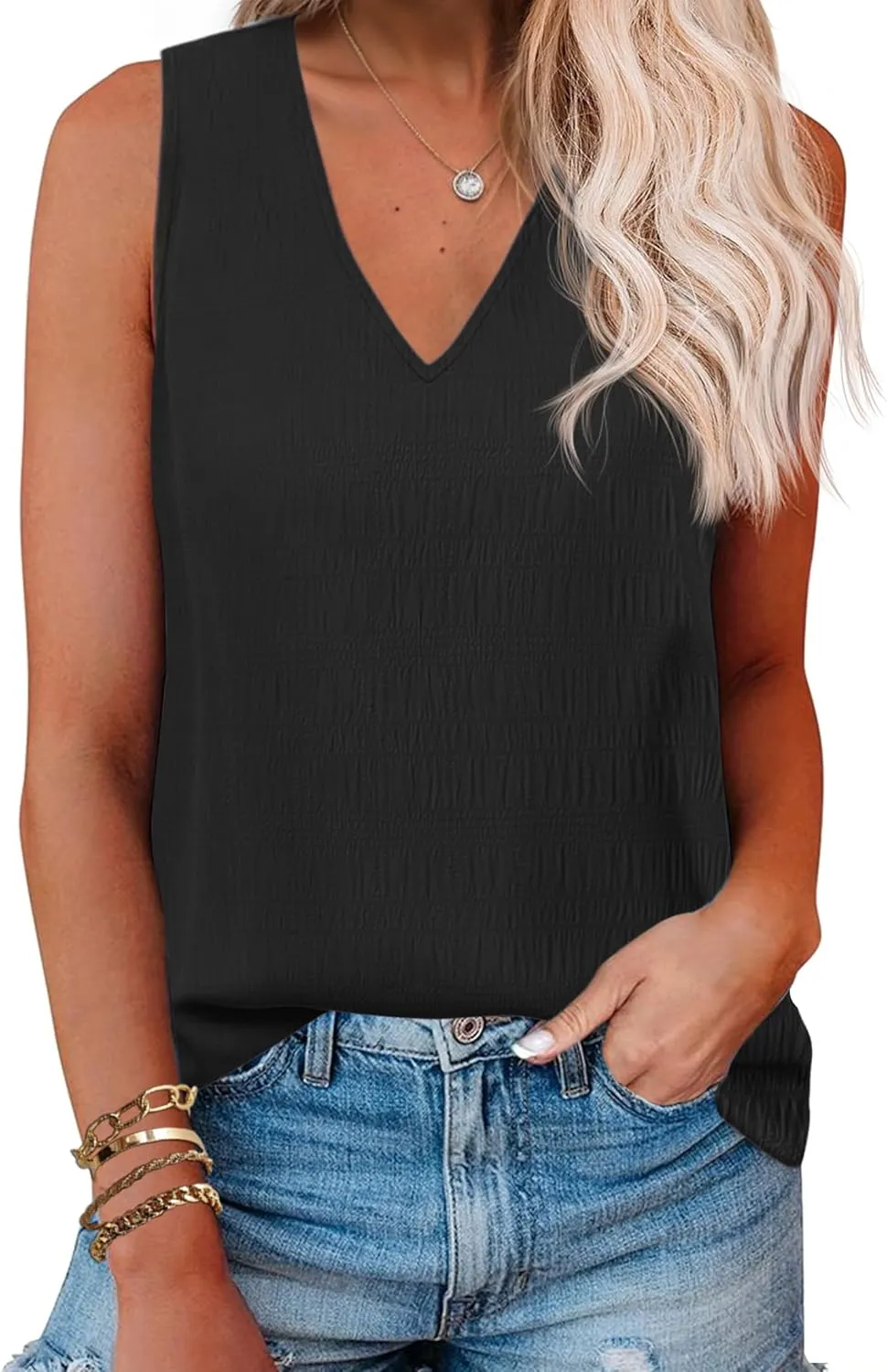 Zeagoo Summer Tank Top for Women V Neck Textured Camisole Blouses Sleeveless Casual Basic Beach Vacation Cami Shirt