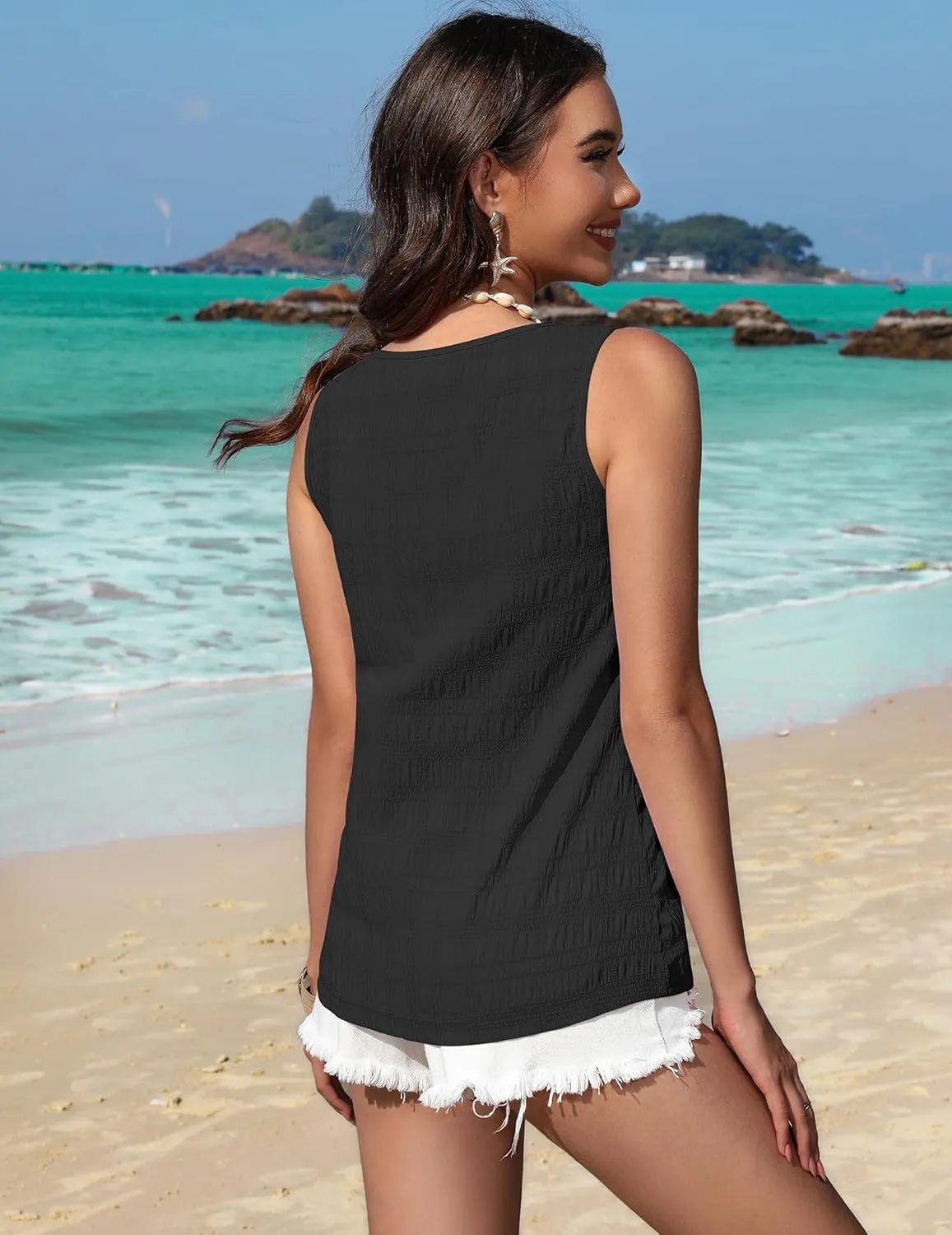 Zeagoo Summer Tank Top for Women V Neck Textured Camisole Blouses Sleeveless Casual Basic Beach Vacation Cami Shirt