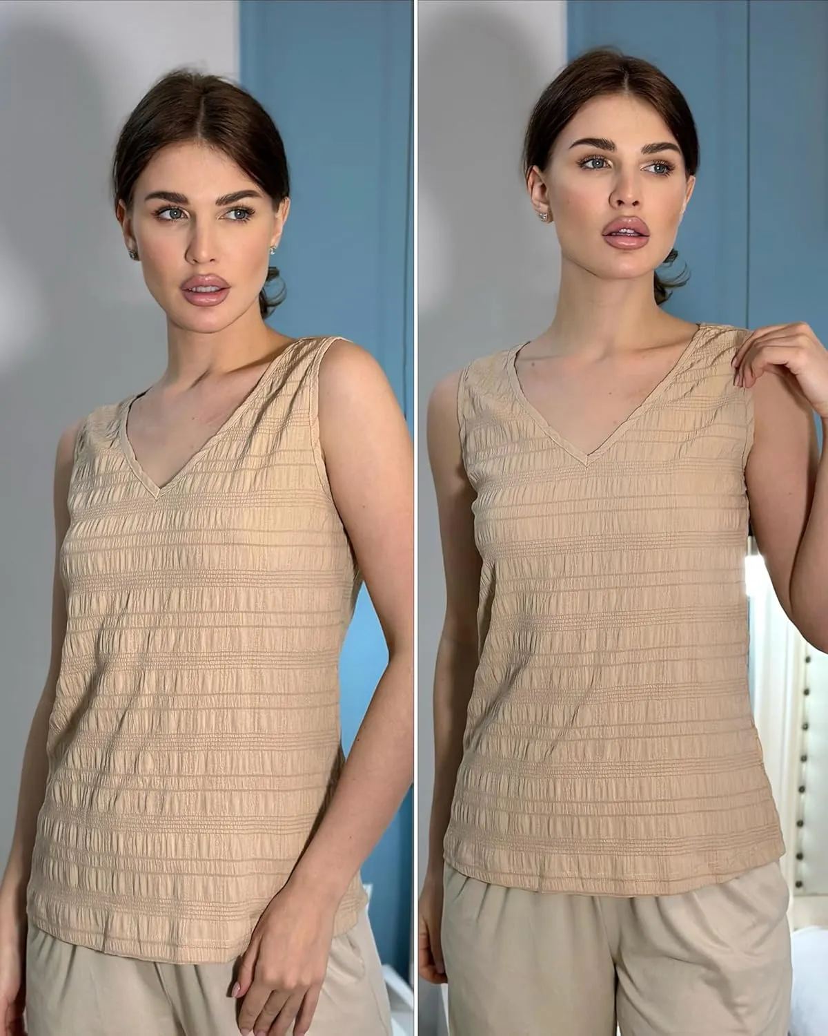 Zeagoo Summer Tank Top for Women V Neck Textured Camisole Blouses Sleeveless Casual Basic Beach Vacation Cami Shirt
