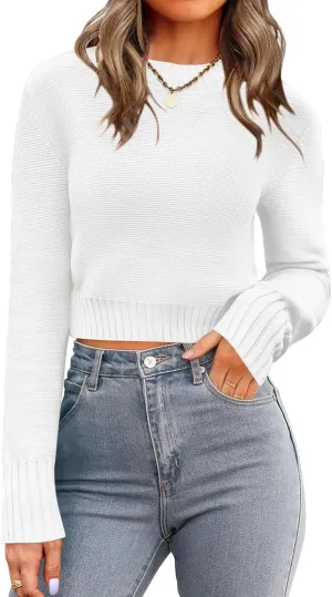 Zeagoo Women's 2025 Fall Crewneck Cropped Sweater Trendy Long Sleeve Ribbed Knit Pullover Jumper Tops
