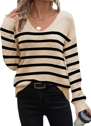 Zeagoo Womens Sweaters Trendy Fashion Long Sleeve Sweaters Off Shoulder Crochet V Neck Knit Pullover Tops Outfits
