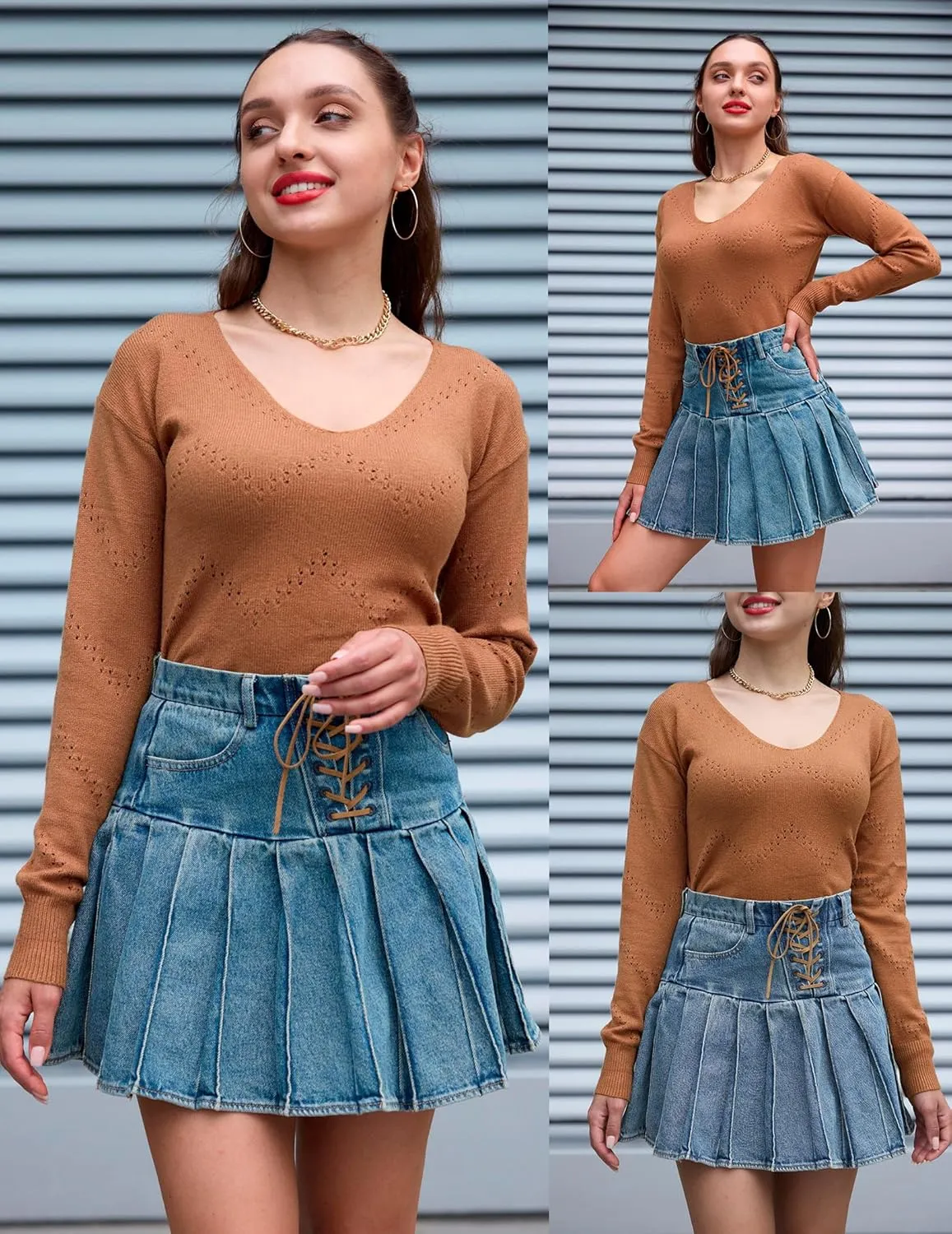 Zeagoo Womens Sweaters Trendy Fashion Long Sleeve Sweaters Off Shoulder Crochet V Neck Knit Pullover Tops Outfits
