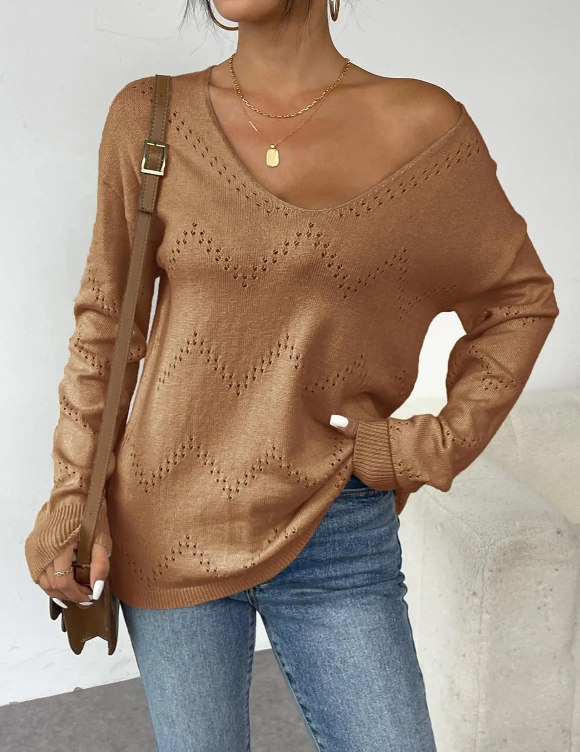 Zeagoo Womens Sweaters Trendy Fashion Long Sleeve Sweaters Off Shoulder Crochet V Neck Knit Pullover Tops Outfits