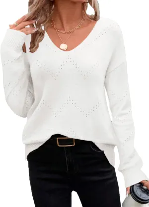 Zeagoo Womens Sweaters Trendy Fashion Long Sleeve Sweaters Off Shoulder Crochet V Neck Knit Pullover Tops Outfits