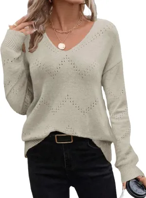 Zeagoo Womens Sweaters Trendy Fashion Long Sleeve Sweaters Off Shoulder Crochet V Neck Knit Pullover Tops Outfits