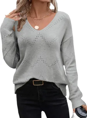 Zeagoo Womens Sweaters Trendy Fashion Long Sleeve Sweaters Off Shoulder Crochet V Neck Knit Pullover Tops Outfits