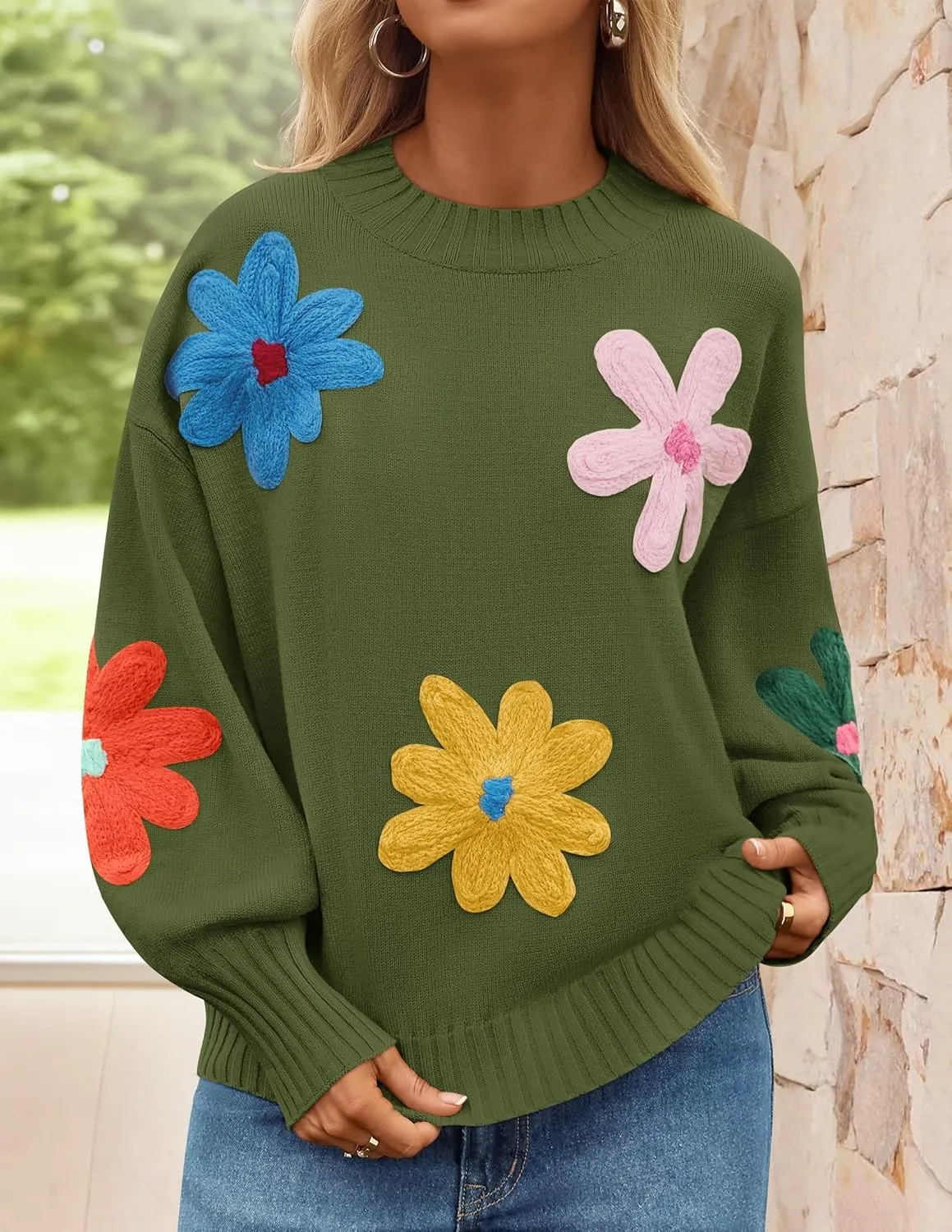 ZESICA Women's Long Puff Sleeve Sweaters Casual Crewneck Ribbed Knit Flower Color Block Loose Pullover Tops