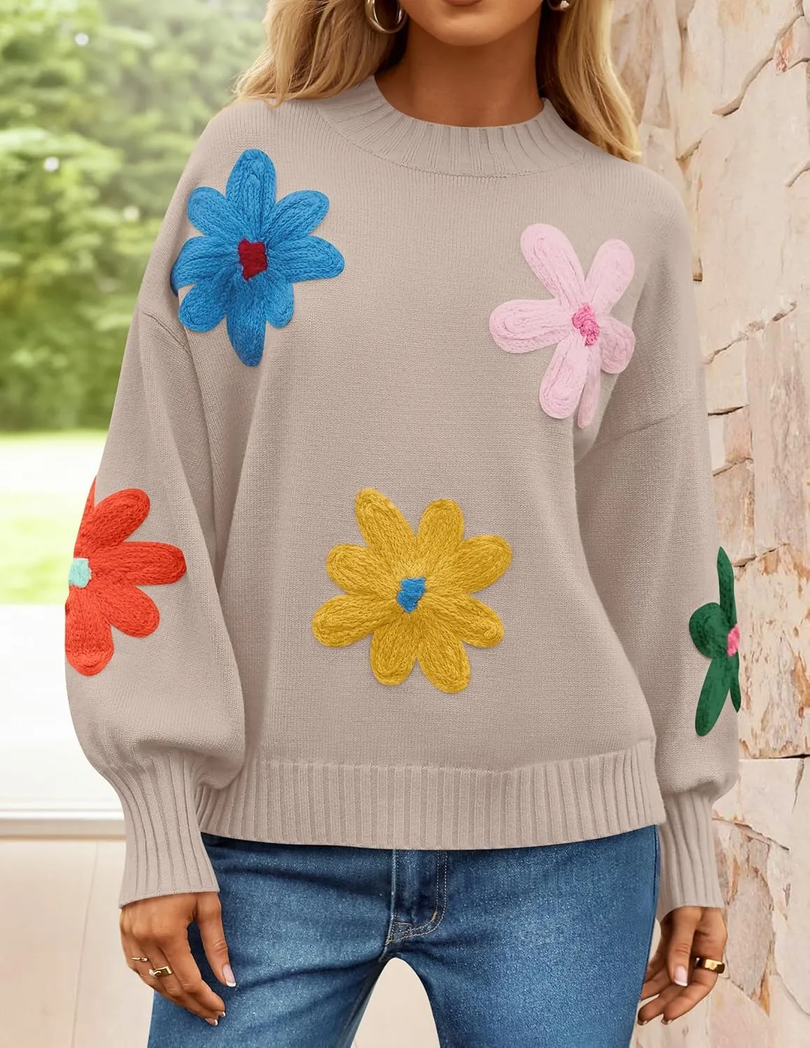 ZESICA Women's Long Puff Sleeve Sweaters Casual Crewneck Ribbed Knit Flower Color Block Loose Pullover Tops