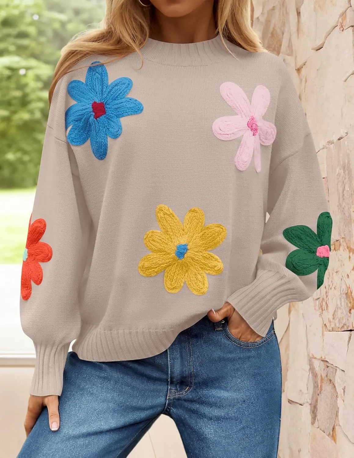 ZESICA Women's Long Puff Sleeve Sweaters Casual Crewneck Ribbed Knit Flower Color Block Loose Pullover Tops