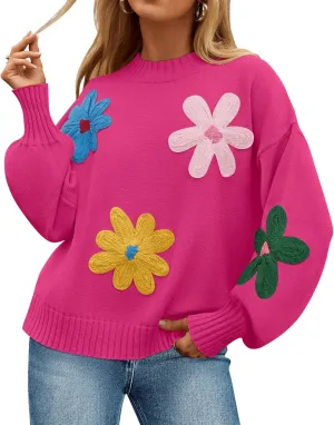 ZESICA Women's Long Puff Sleeve Sweaters Casual Crewneck Ribbed Knit Flower Color Block Loose Pullover Tops