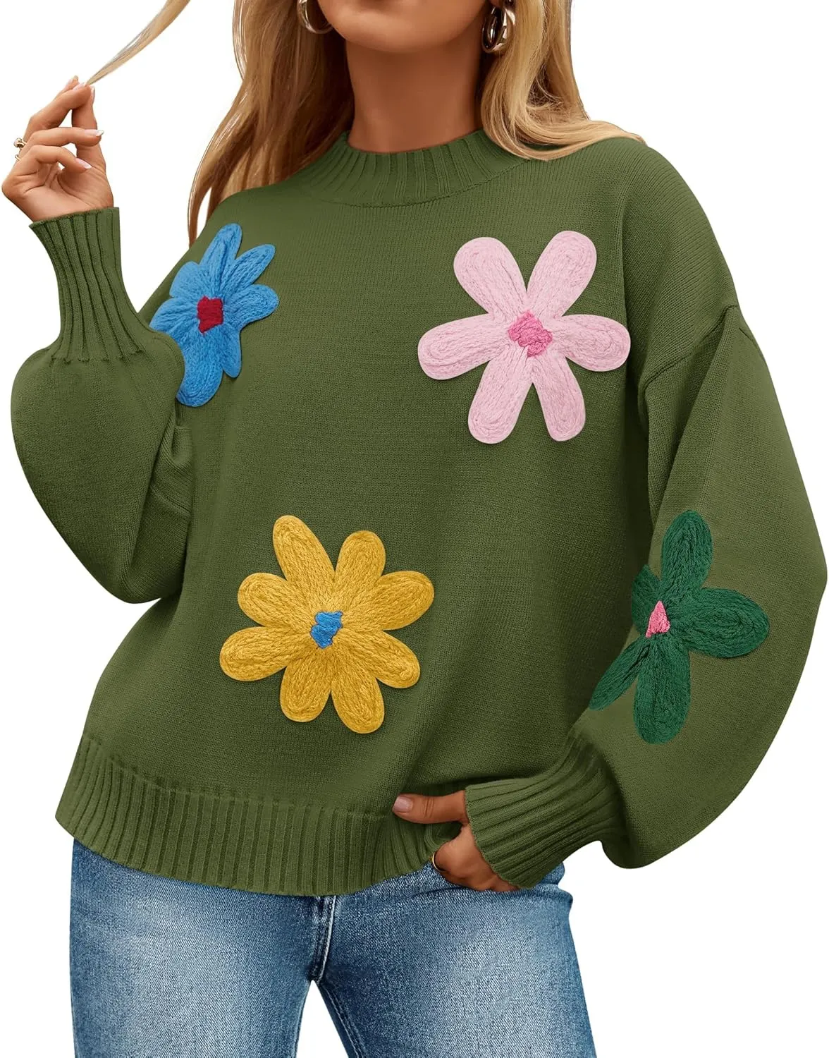 ZESICA Women's Long Puff Sleeve Sweaters Casual Crewneck Ribbed Knit Flower Color Block Loose Pullover Tops