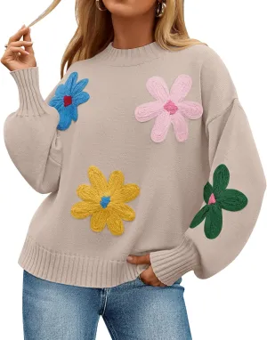 ZESICA Women's Long Puff Sleeve Sweaters Casual Crewneck Ribbed Knit Flower Color Block Loose Pullover Tops