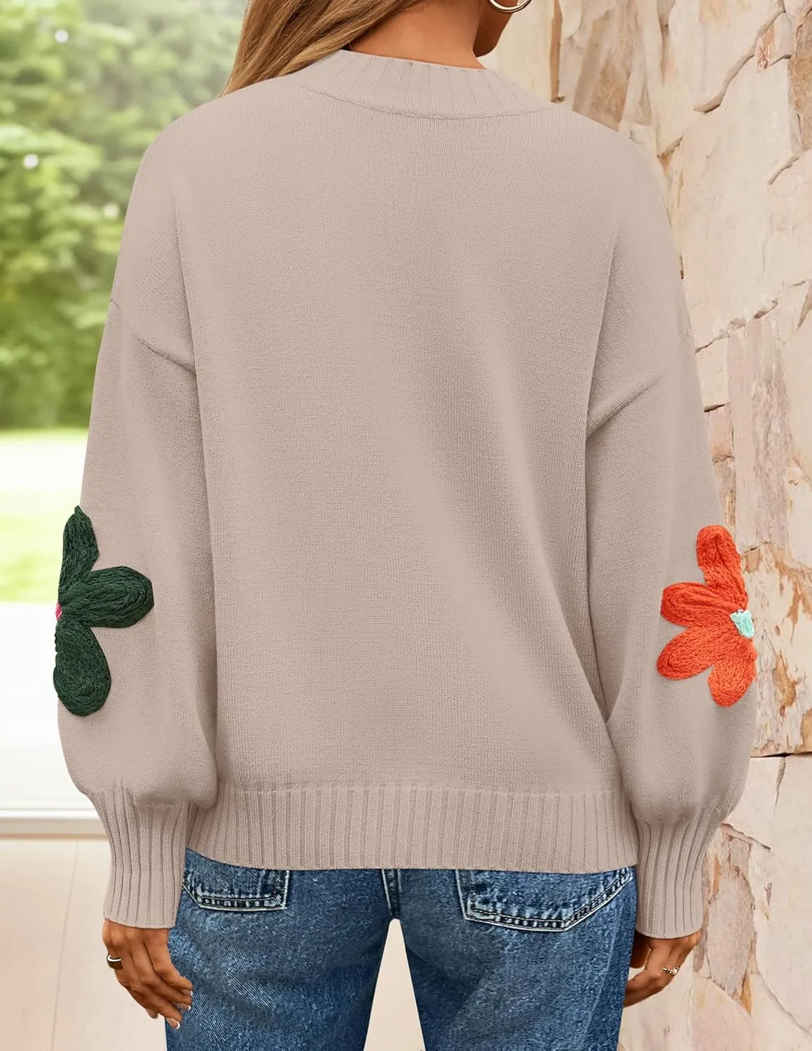 ZESICA Women's Long Puff Sleeve Sweaters Casual Crewneck Ribbed Knit Flower Color Block Loose Pullover Tops