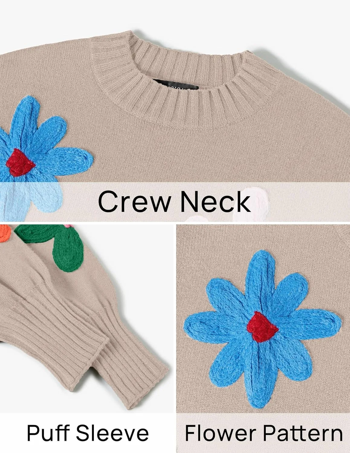 ZESICA Women's Long Puff Sleeve Sweaters Casual Crewneck Ribbed Knit Flower Color Block Loose Pullover Tops