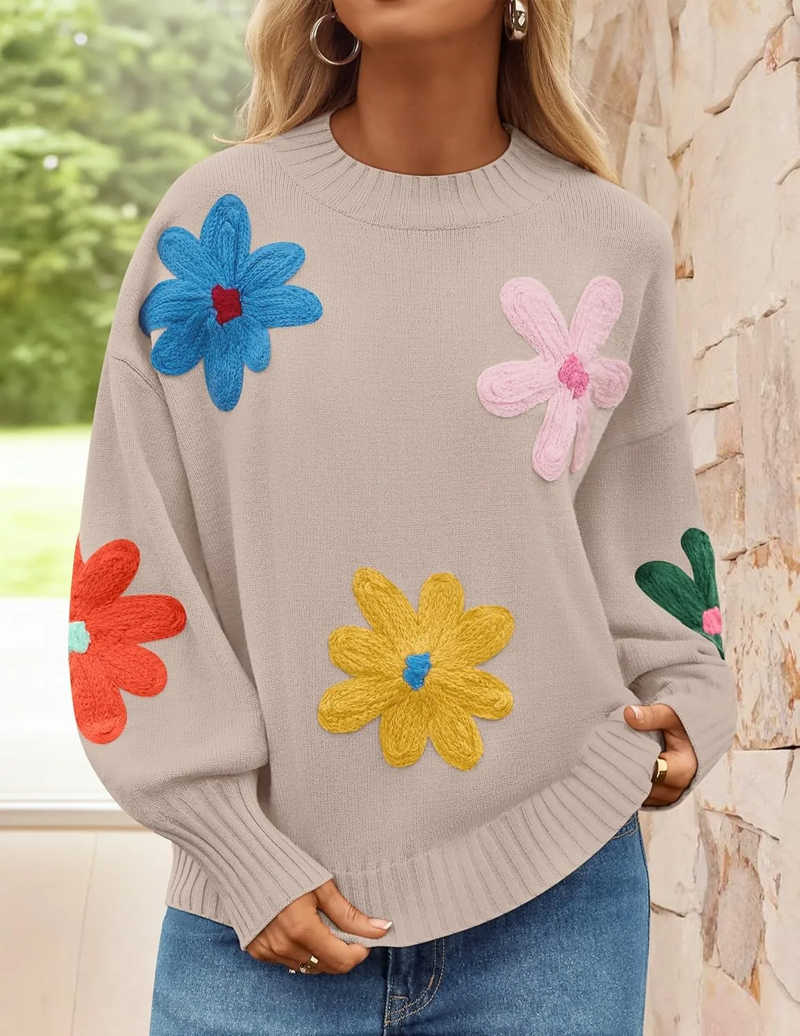 ZESICA Women's Long Puff Sleeve Sweaters Casual Crewneck Ribbed Knit Flower Color Block Loose Pullover Tops