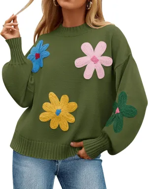 ZESICA Women's Long Puff Sleeve Sweaters Casual Crewneck Ribbed Knit Flower Color Block Loose Pullover Tops